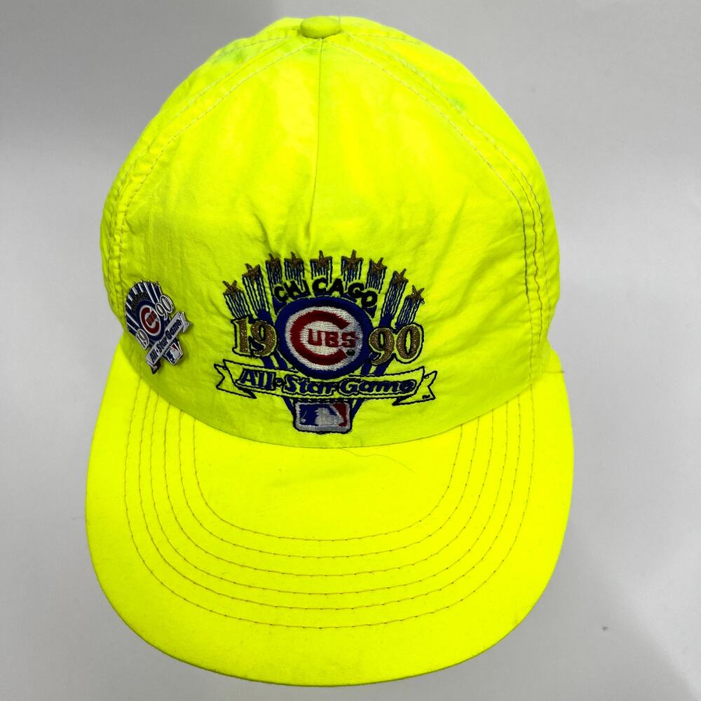 VTG 1990 Chicago Cubs Fluorescent Yellow All Star Gane Hat OS + Bonus Hat Pin